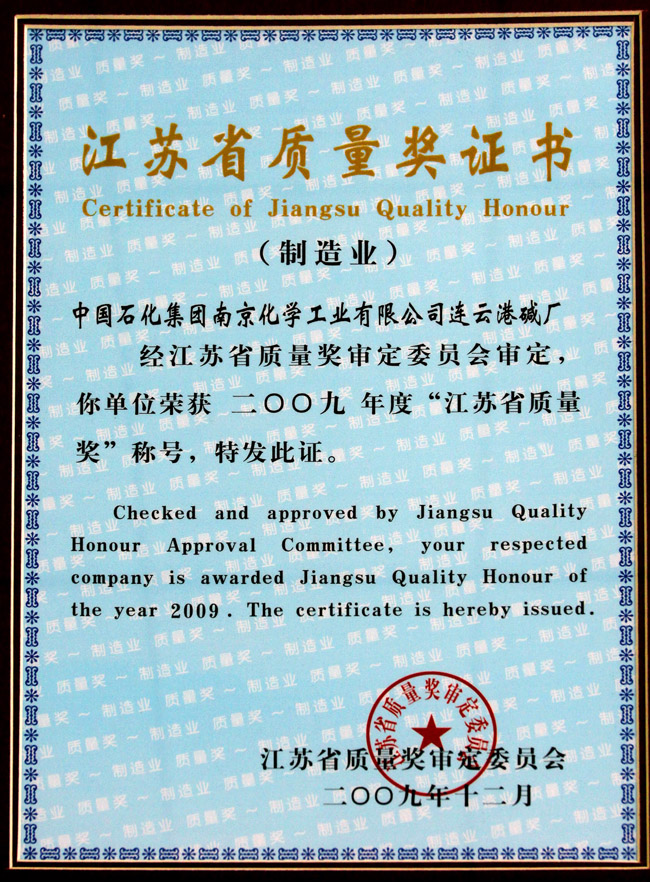 Jiangsu Quality Award in 2009